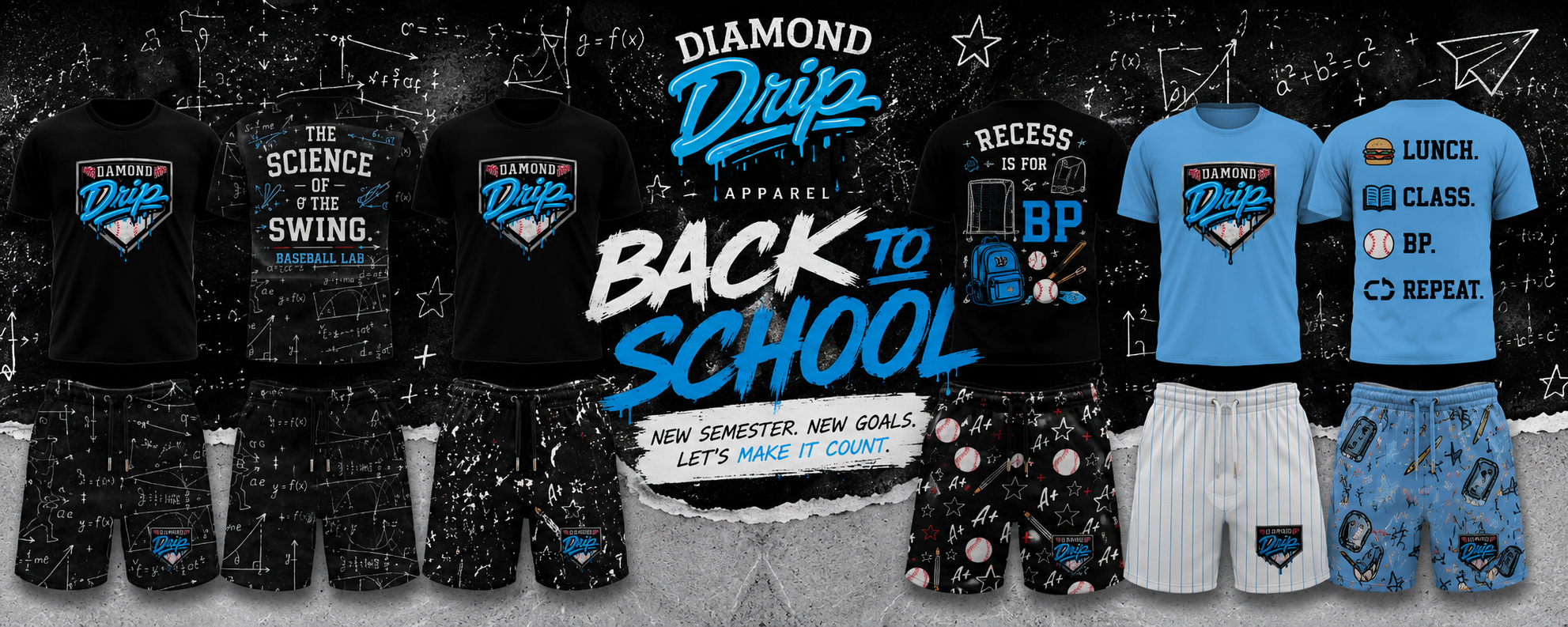 Diamond Drip Back To School collection banner with chalkboard tees and shorts